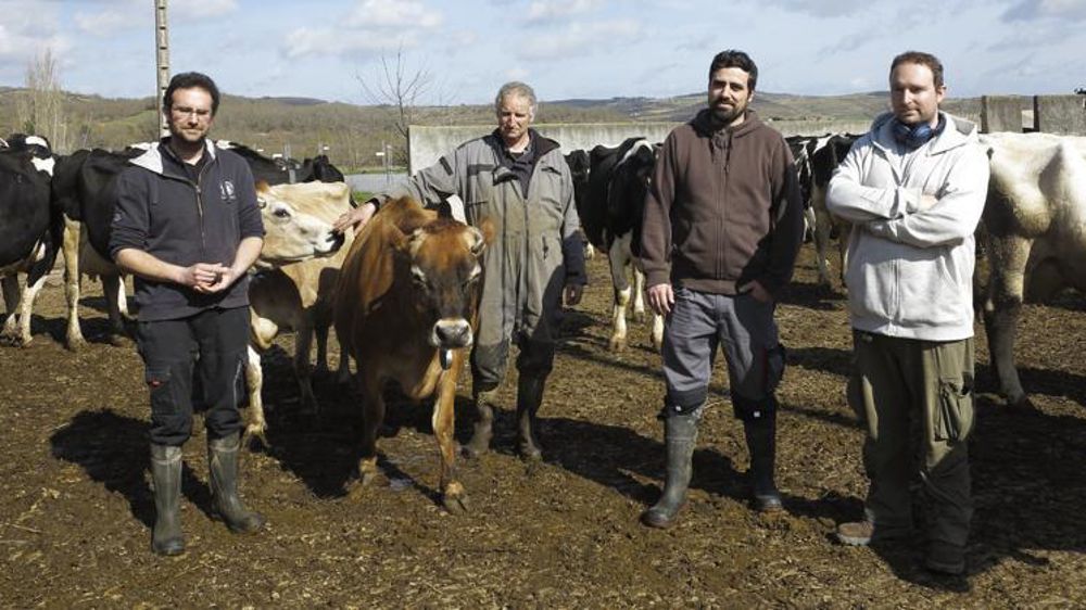 En associant bio, transformation et circuits courts, le Gaec de Barsa a réussi à redresser la barre. De gauche à droite, quatre des cinq associés : Thomas et Michel Bromet, Jonathan Lecroart et Mathieu Bromet. © Frédérique Ehrhard